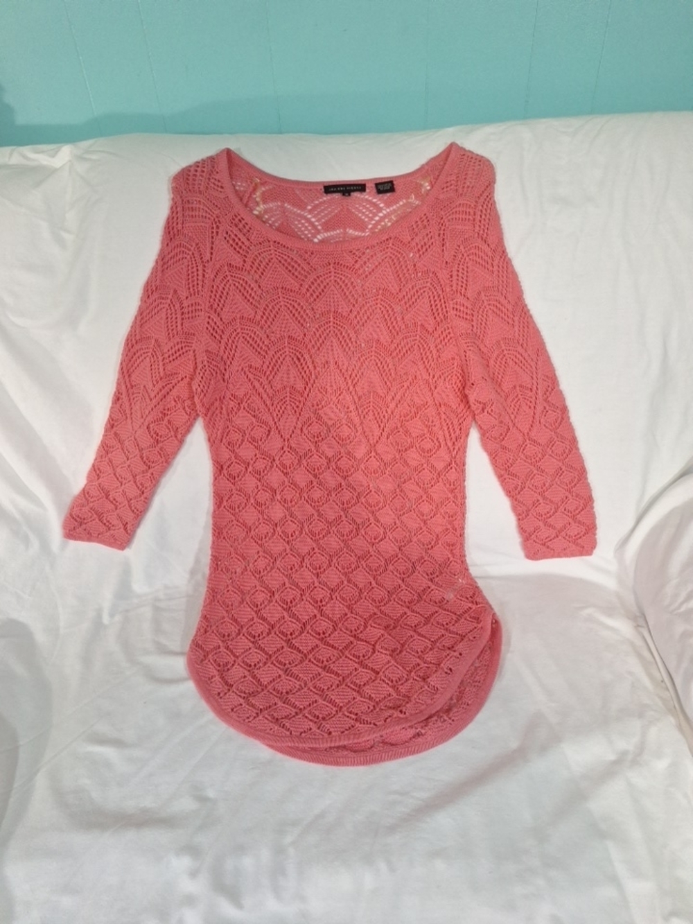 JEANNE PIERRE Coral Openwork Scoop-Neck Knit Top It Looks More Coral Color